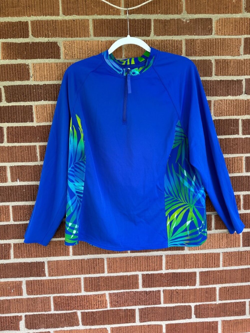 Lands' End Long Sleeve Rash Guard Swim Shirt Blue Green Palm UPF 50 Plus Size 2X - Picture 2 of 10